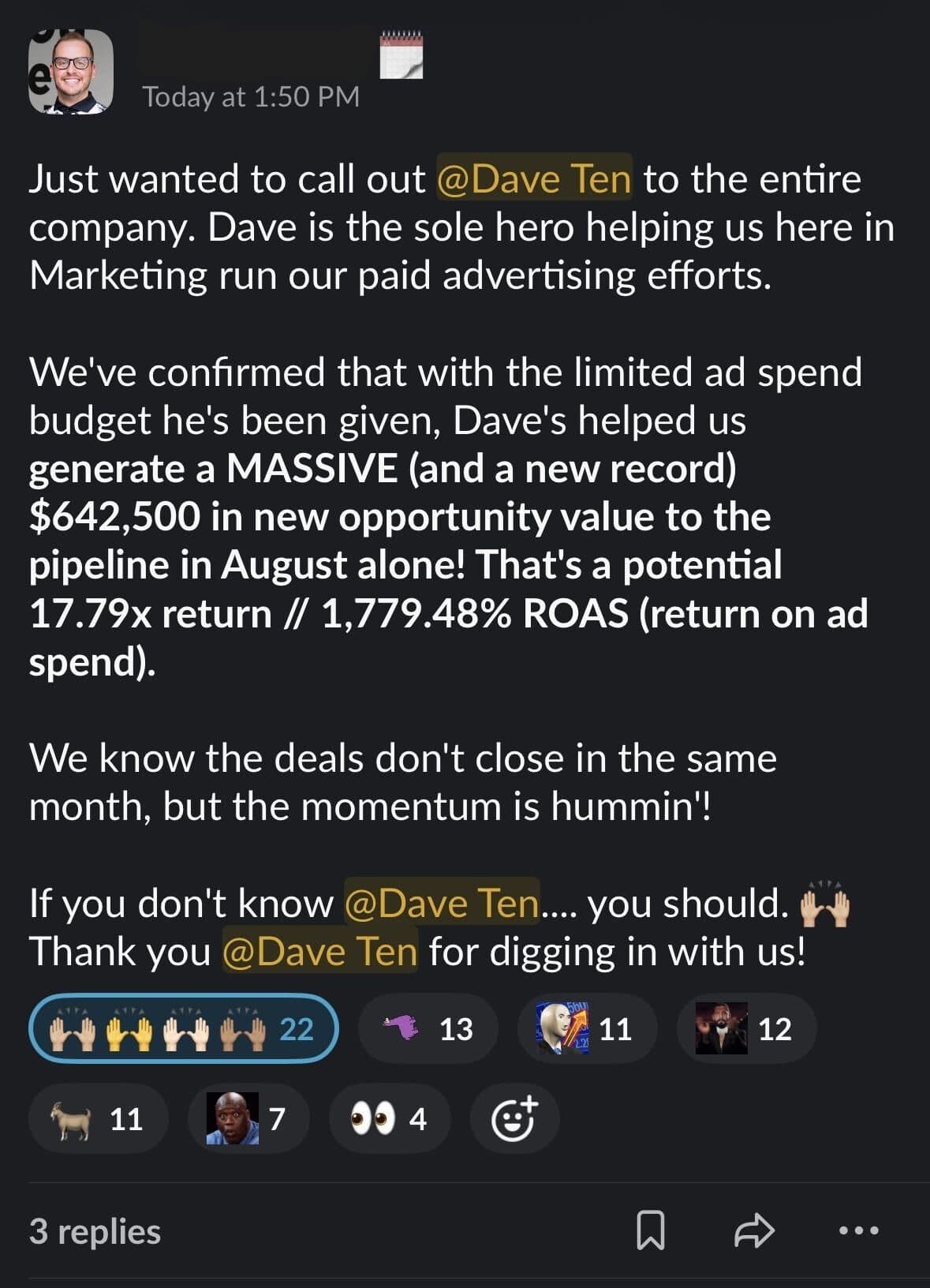 Client Slack message announcing a record $642,500 in new pipeline opportunity value in August